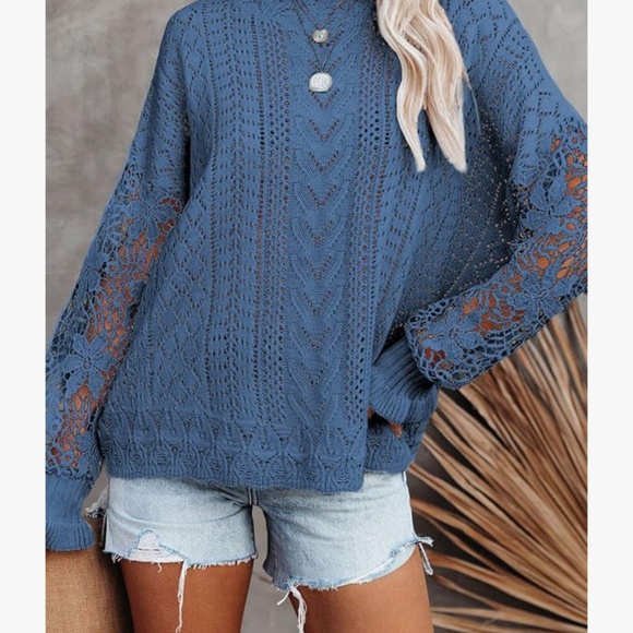 Lace Crewneck Long Sleeve Hollow Out Cable Knit Sweater Blouse - size L - Picture 3 of 7